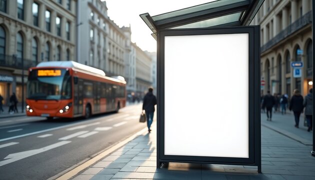 Bus stop shelter in urban environment offers space for advertisements. Blank poster board with white surface for marketing or creative concepts. City street scene includes a bus and pedestrians.