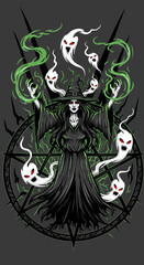 Eerie Witch Summoning Ghosts on Halloween Night Illustration