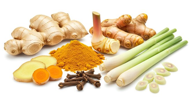 Ginger turmeric and lemongrass arranged on white surface showcasing spices
