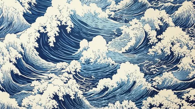 Aerial view of stylized ocean waves in a Japanese art style, reminiscent of traditional woodblock prints, ideal for video backgrounds. Live desktop wallpaper.
