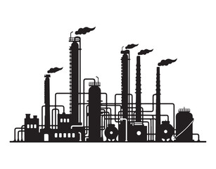 Silhouette of a chemical plant and petrochemical industry. An oil refinery structure shapes the petroleum sector. Vector design and illustration of refinery equipment, steel pipelines, and oil storage