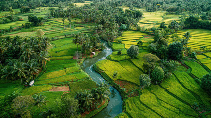 Aerial View of Lush Green Rice Fields and River in Tropical Landscape