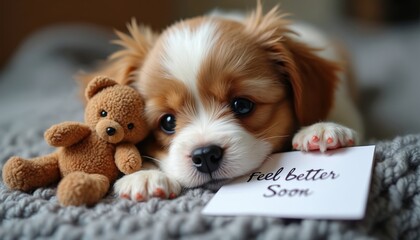 Cavalier puppy lies on cozy blanket with teddy bear and get well card. Dog rests with toy and message. Animal comforts with softness and love.