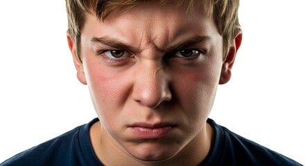 Intense closeup of a young mans face frowning with furrowed brows conveying a stern expression