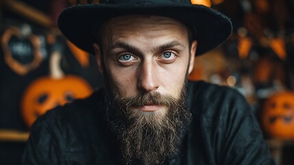 Ein junger, b&auml;rtiger Mann mit Hut. Im Hintergrund sind Halloween K&uuml;rbisse.