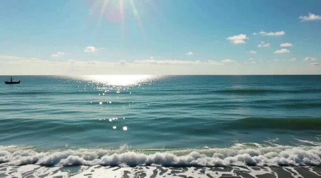 The image depicts a stunning sunset over Larache Beach in Morocco. The sky is filled with vibrant hues as the sun sets on the horizon, casting a warm glow over the calm waters. The beach is tranquil