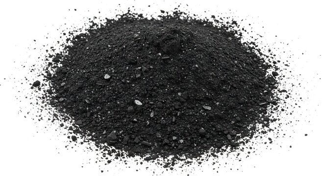 A pile of dark gray and black granular substance scattered on a white surface
