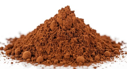 A pile of reddishbrown cocoa powder slightly clumped rests on a white reflective surface