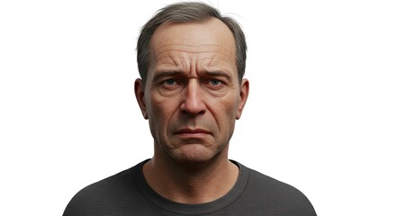 Fototapeta premium Man with gray hair and wrinkles wearing a dark gray tshirt gazing directly at the viewer