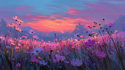 A gorgeous field of flowers bathed in soft pastel colors during a stunning sunset