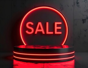 Vivid red neon sale sign brightly illuminates a minimalist dark product display podium, creating an eye catching modern marketing background for promotions.