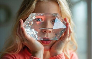 Young girl holds faceted crystal geometric shape in front of face, blue eyes peer through clear glass object. Blonde hair frames bright thoughtful expression, child looks curious. Closeup shot