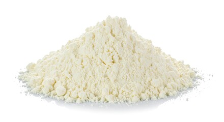 A pile of white powdery substance forming a conical shape on a white background with subtle reflection