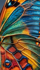 a vibrant macro shot reveals the intricate venation and colorful scales of a butterfly?��s wing.