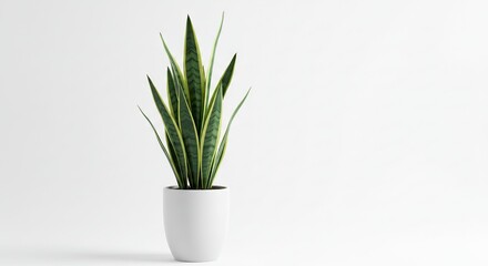 A potted snake plant with tall variegated leaves stands centered against a stark white backdrop