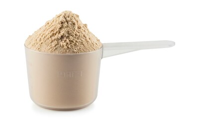 A scoop filled with beige protein powder stands against a stark white backdrop capturing precise details