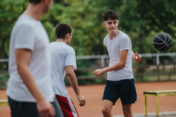 A group of friends on an outdoor basketball court, wearing white shirts, focused and ready to play. The moment captures teamwork, athleticism, and the energy of pickup games.