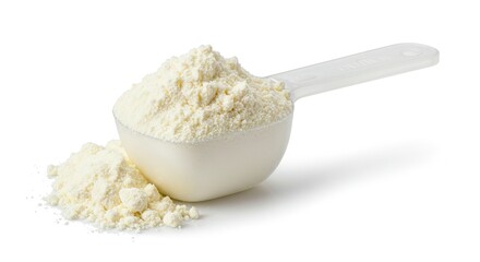 A scoop filled with white powder and spilled powder next to it on a white surface