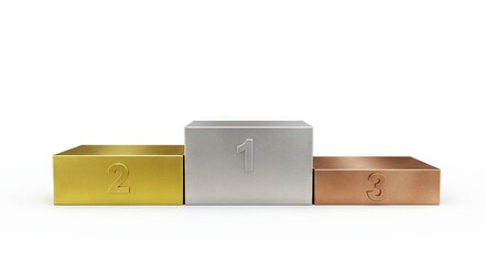 A silvercolored podium with gold and bronze platforms labeled 1 2 and 3