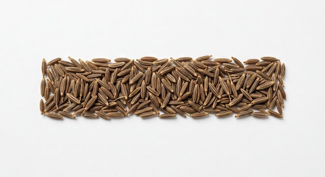 Rectangular arrangement of brown cumin seeds on a white background