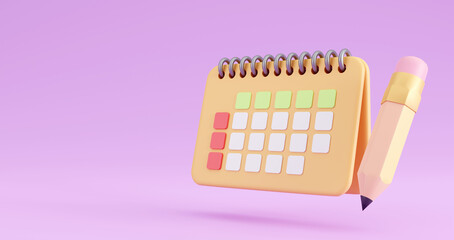 Line spring desk calendar and pencil on color background, 3d rendering