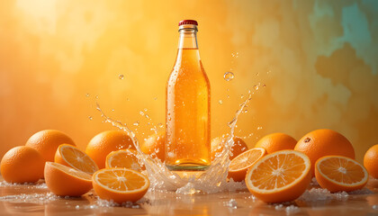 Refreshing orange soda splash with fresh citrus fruits captures summer's vibrant, thirst quenching essence for advertising and packaging.