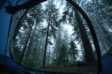 Rainy Forest View from Blue Tent Interior