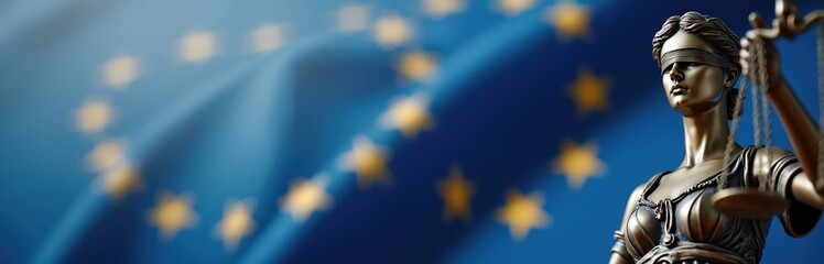 Bronze Lady Justice statue with scales, blindfold. European Union flag blurred in background. Symbol of law, justice, equality, fairness in EU. Representation of judiciary, legality, governance.