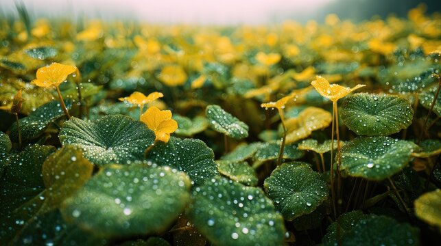 Dewy Morning Yellow velvetleaf field panorama
