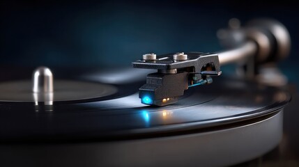 close-up view of a vinyl record player with the needle gently resting on a spinning record. dim light creates a warm ambiance, enhancing the musical experience at night