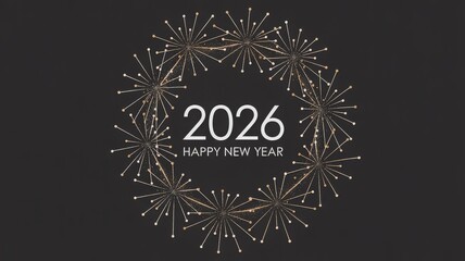 Celestial 2026 New Year card with white-gold firework wreath and radiant stardust on black

