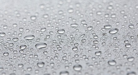 Water droplets of varying sizes densely scattered across a smooth light gray surface appearing fresh