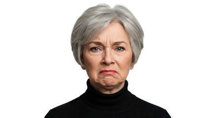 Obraz premium An elderly woman with short gray hair wearing a black turtleneck displays a facial expression of disapproval or disgust