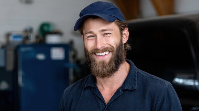 smiling mechanic stands in a well-lit workshop filled with tools and vehicles. He wears a cap and a dark shirt, creating a friendly atmosphere of hard work and craftsmanship