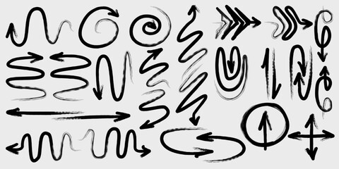 A versatile collection of roughly sketched, winding, curved, and stylized arrows pointing in various directions, suitable for adding a playful or emphatic design element.
