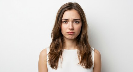 Fototapeta premium Woman with brown hair and a sad expression wearing a white top