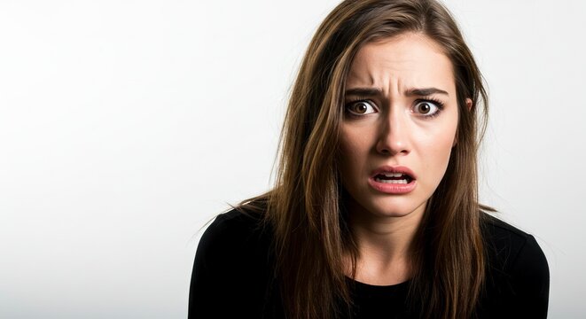 Woman displaying a distressed facial expression with wide eyes and an open mouth against a white background - Powered by Adobe