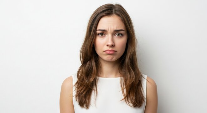 Woman with brown hair and a sad expression wearing a white top