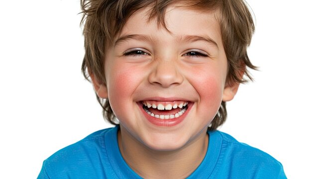 Young boy smiling showing teeth with a blue shirt against a white background