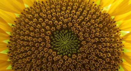 Closeup of a sunflower disk many tiny yellow flowers in spiral pattern  petals visible