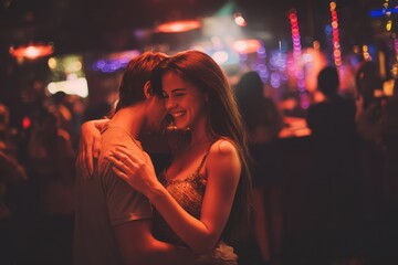 Young couple intimately embraces and dances in nightclub