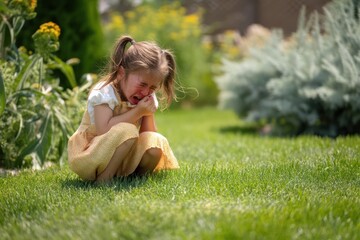 Fototapeta premium Young girl crying and sneezing due to grass allergy