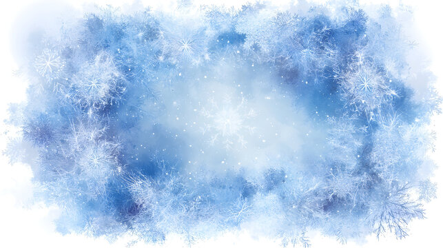 Artistic Watercolor Winter Scene with Detailed Snowflakes and Blue Hues