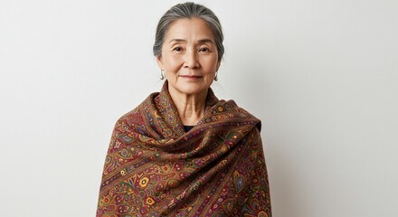 Elderly Asian woman wearing a paisley shawl gray hair neatly styled against a plain white background