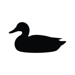 Simple black silhouette of a duck floating on white background