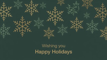 Fototapeta premium Elegant forest green holiday card with gold and turquoise snowflakes in a clean festive layout.