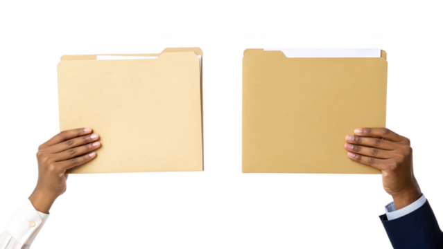 Two hands holding file folders isolated on transparent background for organization