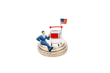 miniature business on euro coins on white background.
