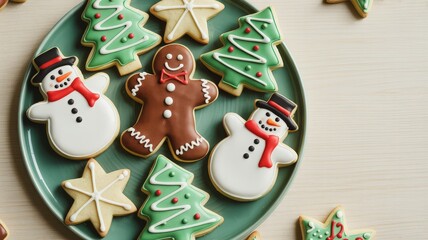 Festive Christmas cookie platter with gingerbread snowmen trees and stars on sage green plate against light wood backdrop