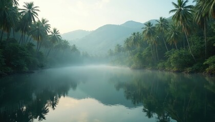 Serene river landscape in tropical rainforest. Calm water reflects palm trees, misty mountains. Rich green vegetation, fog create peaceful scenery. Exotic paradise with still river, clear sky.